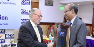 Gowtama M V, Chairman &; Managing Director, Bharat Electronics Ltd (BEL), receiving the Distinguished Engineer Award instituted by the Engineering Council of India,from Anil Baijal, retired IAS officer and the 21st Lieutenant Governor of Delhi, at a ceremony held in New Delhi.